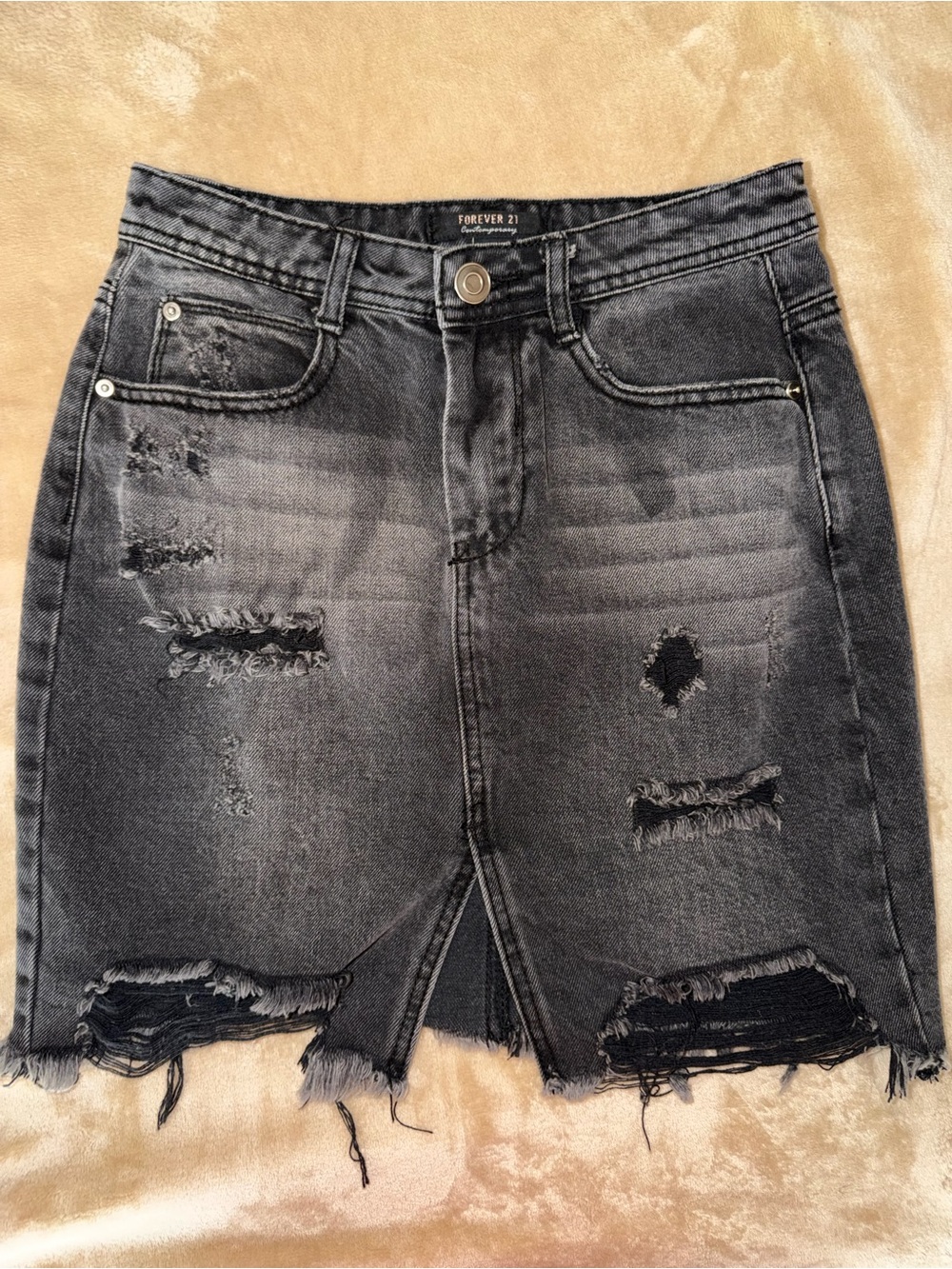 Forever 21 Black Distressed Denim Mini Skirt with Frayed Hem